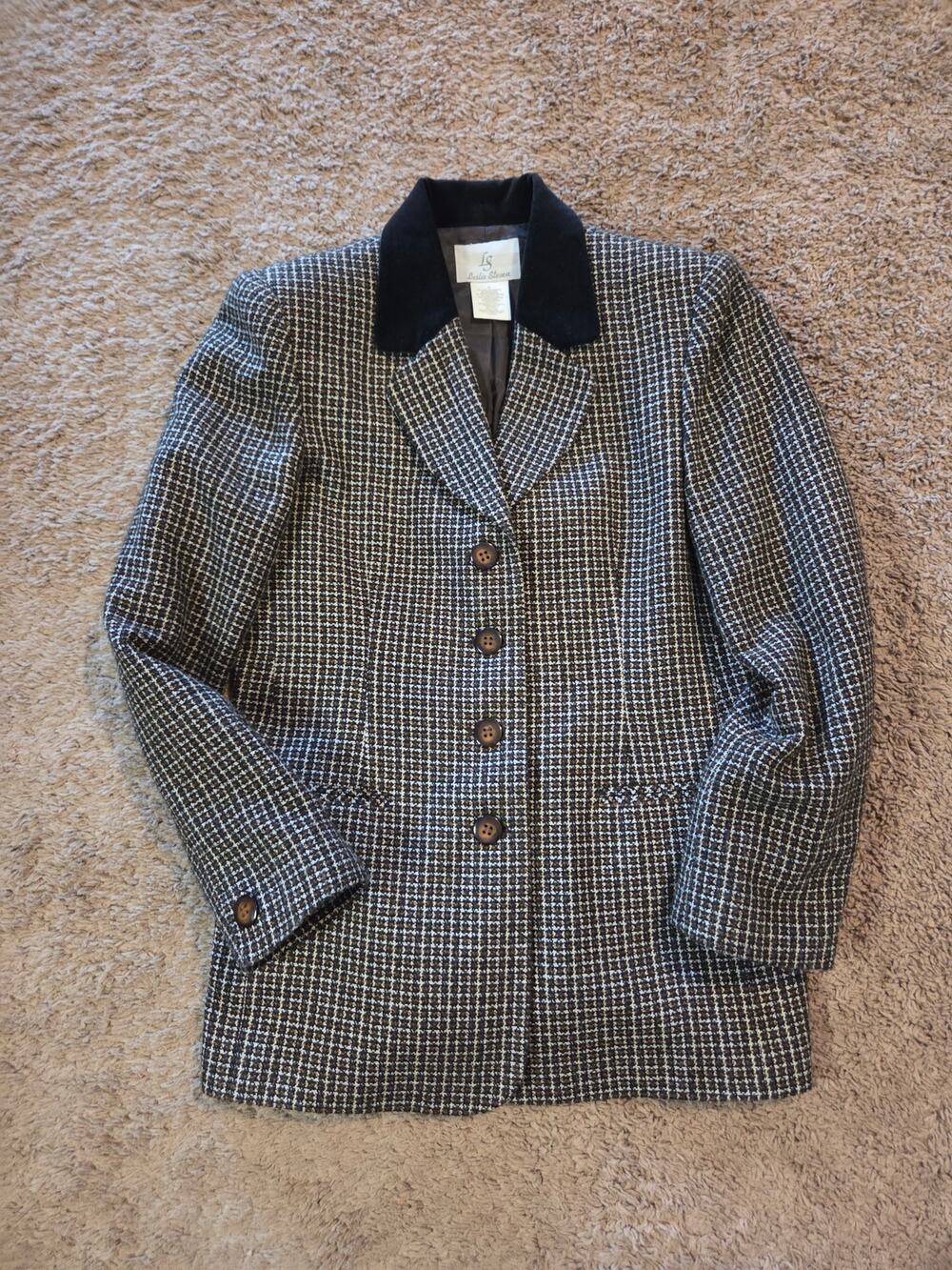 Vtg 4 button tweed Leslie Steven plaid velvet collar blazer coat brown 6